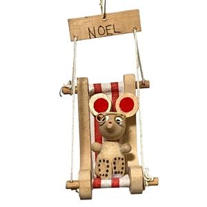 Vintage Wooden Mouse Sun Bathing in Lounge Chair Christmas Ornament